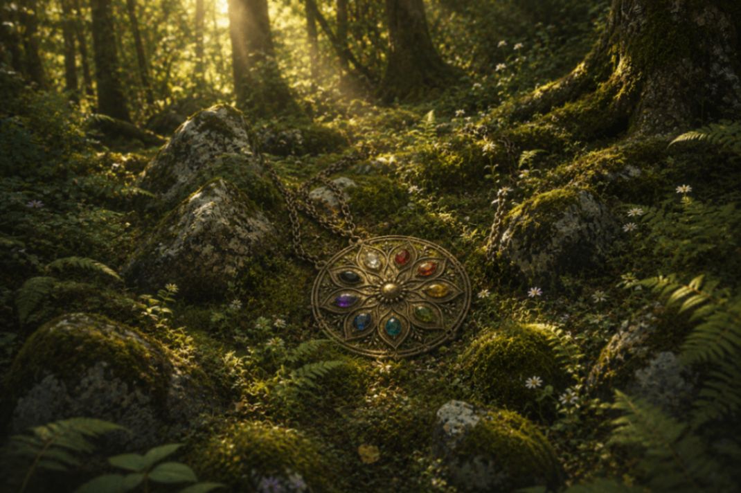 The Enneäd amulet resting on a mossy forest floor